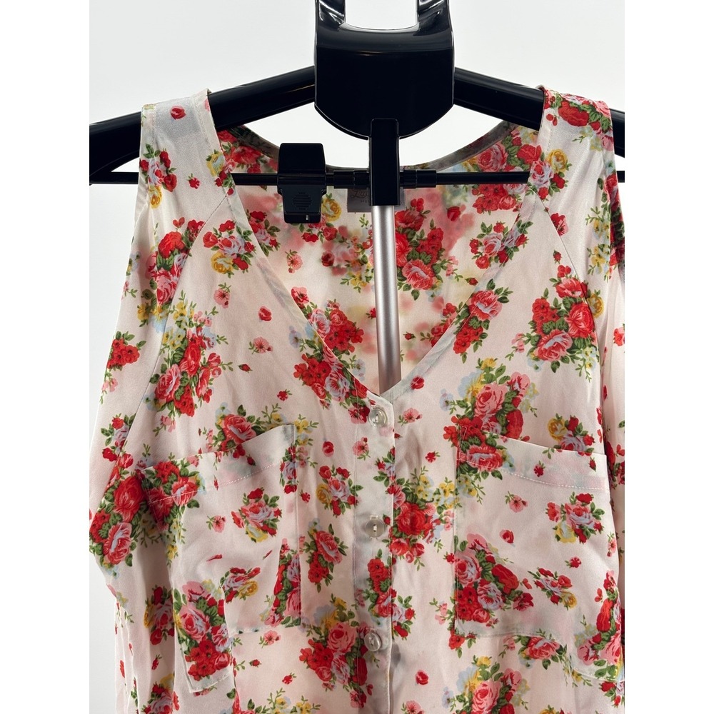 Lucy Love Floral Cold Shoulder Blouse Womens Large White Red Boho‎ Button Up Top - Picture 2 of 12